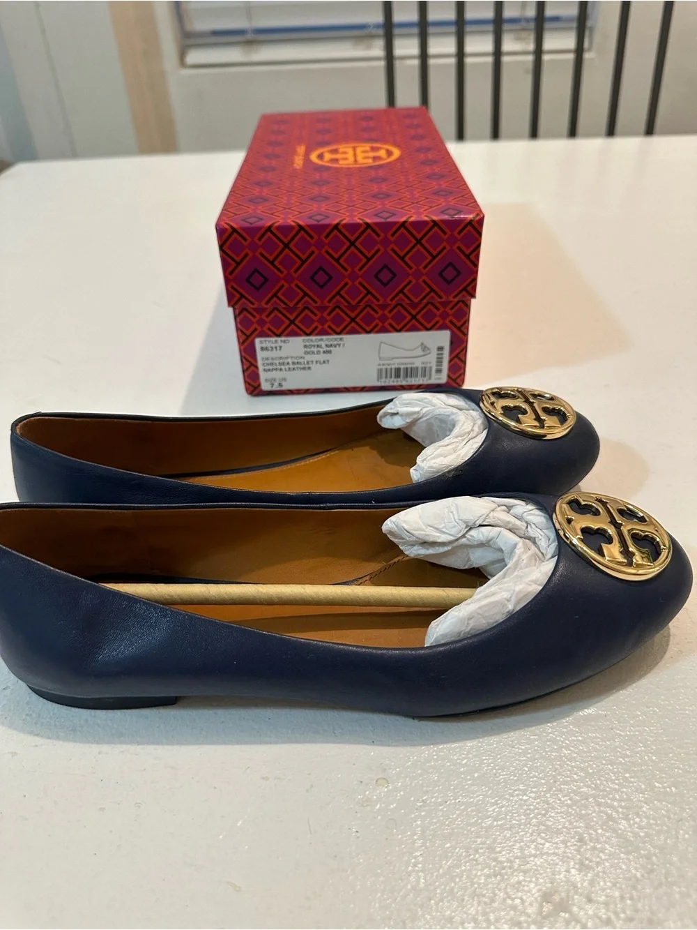 Tory Burch Chelsea Ballet Flat in Royal Navy with Gold Logo Medallion